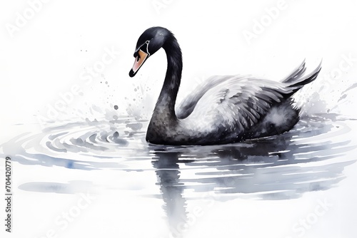 watercolor chinese brush painting black swan