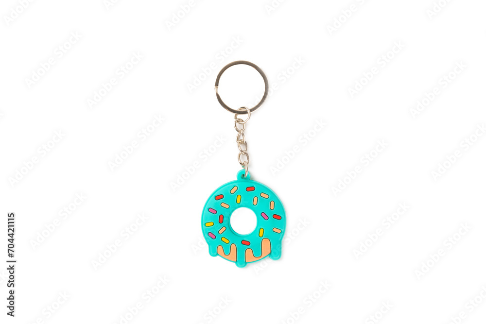 Donut shaped keychain with key ring isolated on white background. Concepts for real estate and moving home or renting property. Buying a property. Mock-up keychain.Copy space. Donut shaped keychain with key ring isolated on white background. Concepts for real estate and moving home or renting property. Buying a property. Mock-up keychain.Copy space.