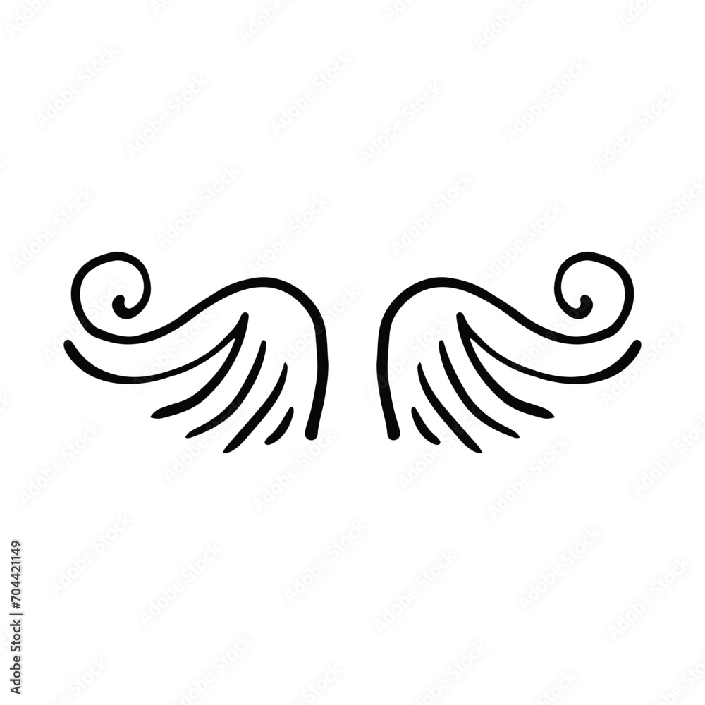Obraz premium Doodle wings. Cartoon bird feather wings, religious angel wings ink sketch, black tattoo silhouette. Vector hand drawn blade wing sketch set for heraldic symbol emblem on white background
