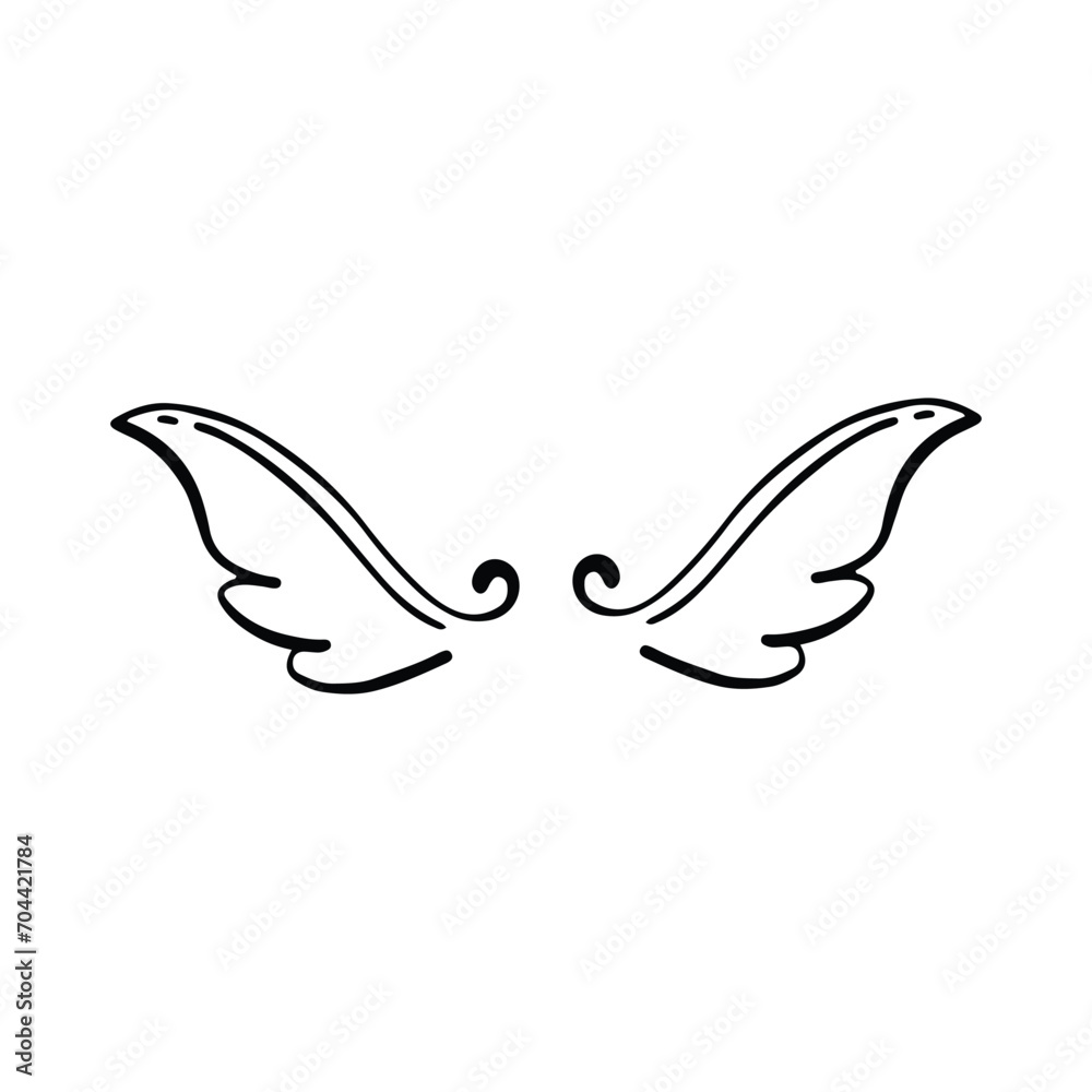 Doodle wings. Cartoon bird feather wings, religious angel wings ink sketch, black tattoo silhouette. Vector hand drawn blade wing sketch set for heraldic symbol emblem on white background Doodle wings. Cartoon bird feather wings, religious angel wings ink sketch, black tattoo silhouette. Vector hand drawn blade wing sketch set for heraldic symbol emblem on white background