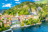 Town of Varenna and Como lake aerial view
