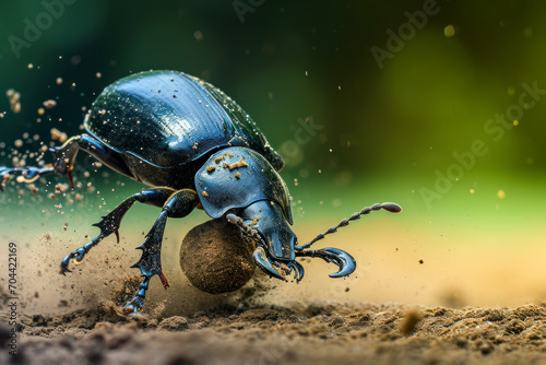 Dung beetle in action, a dynamic scene capturing a dung beetle rolling a dung ball. photo
