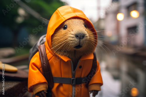 Cute funny face capybara portrait on travel adventure, capybara clothes poses like a human