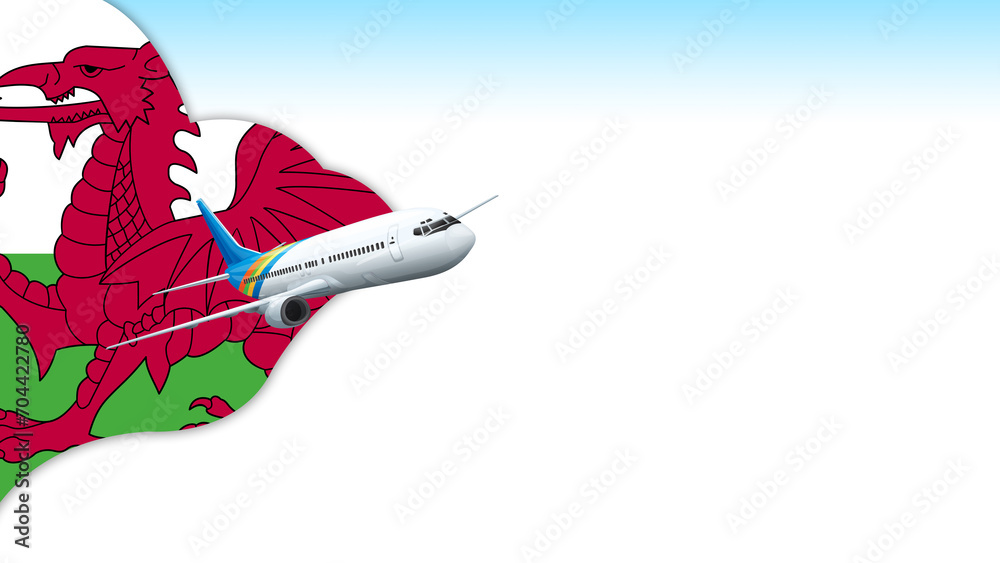 3d illustration plane with Wales flag background for business and travel design 3d illustration plane with Wales flag background for business and travel design