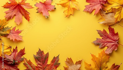 The fall composition is in the form of a square bordered by bright maple leaves on a yellow background. Seasonal concept mock-up, Textured Autumn leaf background with room for copy space.