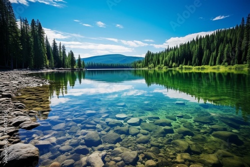 Clearwater Lake in Wells Gray Provincial Park, British Columbia, Canada . The lake is high up in the Cariboo Mountains and feeds the Clearwater River and then the Thompson River