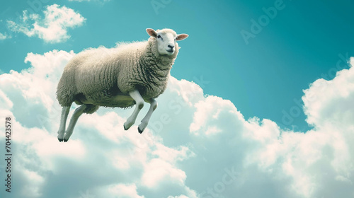 Under the blue sky and white clouds, a sheep floats in the air photo