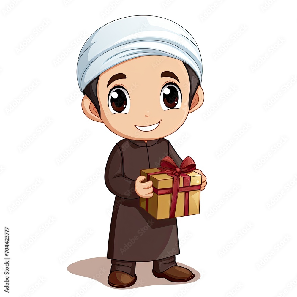Eid mubarak. Muslim boy holding gift box on white background. islamic cartoon. Islamic celebration banner Eid mubarak. Muslim boy holding gift box on white background. islamic cartoon. Islamic celebration banner