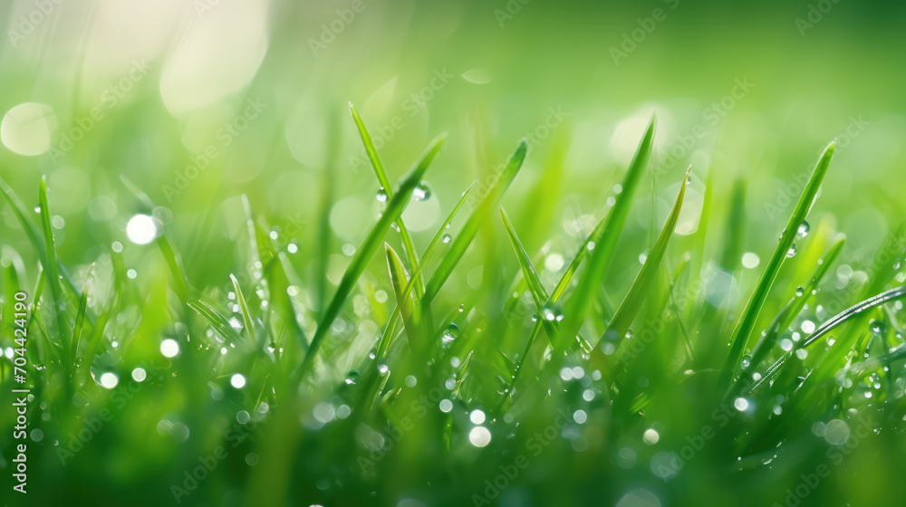 Naklejka premium grass with rain drops macro, morning dew after the rain, fresh green leaves