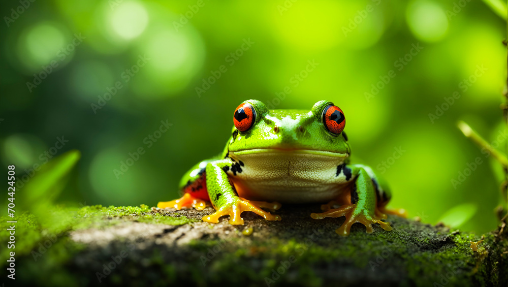 Naklejka premium Green frog red eyed on water with blur green background. frog, animal, green. ai generative