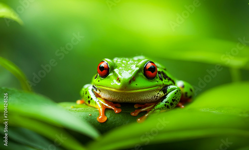 Green frog red eyed on water with blur green background. ai generated