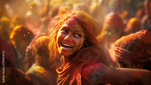 A girl in the India dress is enjoying colorful powder. Holi festival