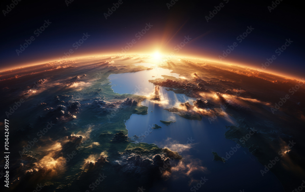 Stunning sunrise view from space showcasing Earth's horizon with atmospheric glow and sunburst, depicting the beauty and fragility of our planet