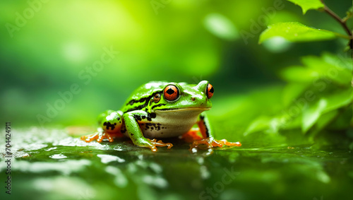 Frog red eyed green on water with blur background. frog, animal, green. ai generated