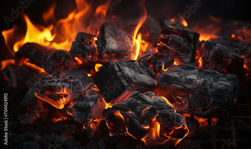 Glowing embers in a dark charcoal grill, capturing the intense heat of burning coals, ready for a barbecue under the night sky