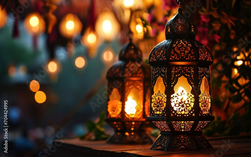 Traditional ornate lanterns casting a warm glow, evoking a sense of peace and mystique, perfect for Ramadan and festive decorations