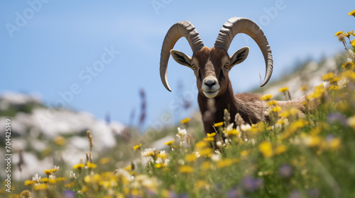 Ibex on a mountain slope with meadow flowers in spring coming towards the camera photo