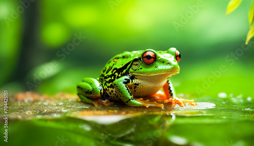 Green frog red eyed on water with blur background. frog, animal, green. ai generated