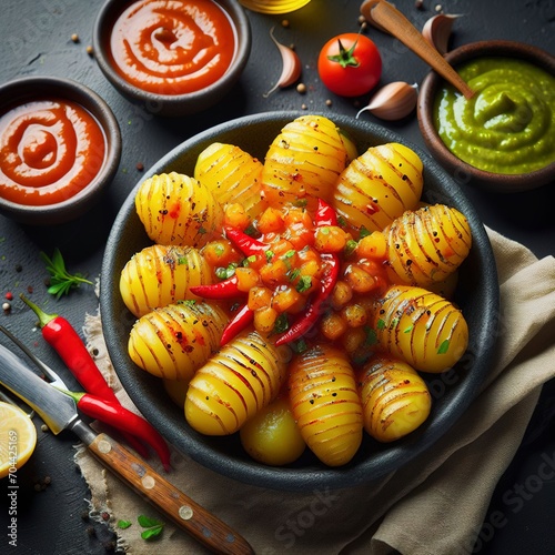 Canarian potatoes papas arrugadas with mojo, hot sauce. Black background. Top view photo