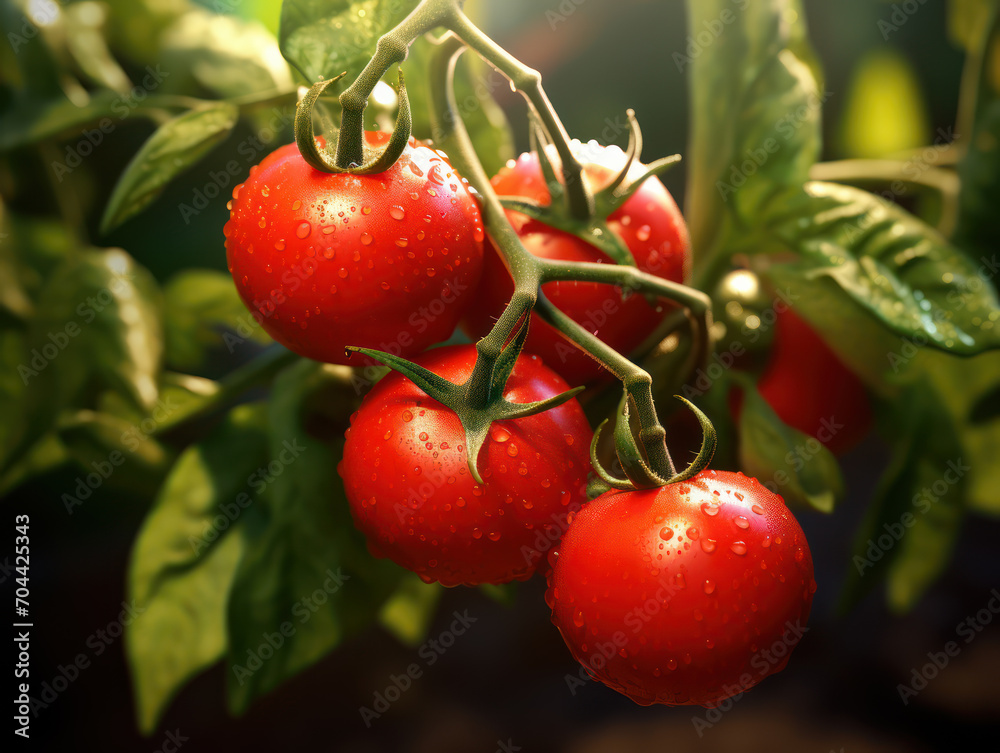 Ripe tomatoes on tomato tree ready for picking, tomato garden