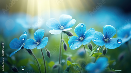Vibrant blue flowers glistening with morning dew against a lush background, evoking a refreshing start to the day. © tashechka