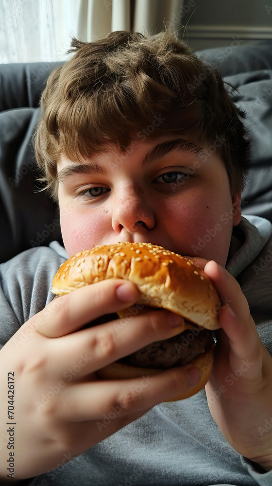 Fast Food Fun: A Teenage Boy Taking a Selfie Portrait with a Hamburger Fast Food Fun: A Teenage Boy Taking a Selfie Portrait with a Hamburger