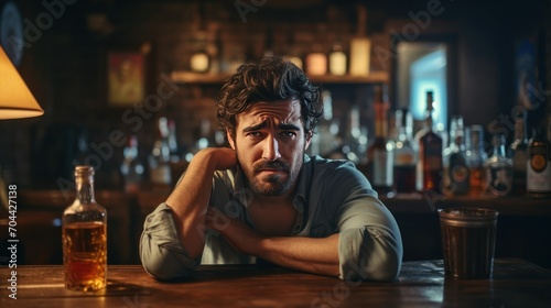 A young man with a thick mustache feels bad about drinking whiskey alone in a pub. photo