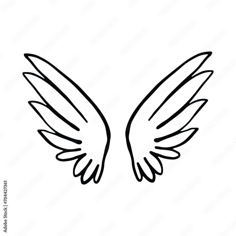 Obraz premium Doodle wings. Cartoon bird feather wings, religious angel wings ink sketch, black tattoo silhouette. Vector hand drawn blade wing sketch set for heraldic symbol emblem on white background