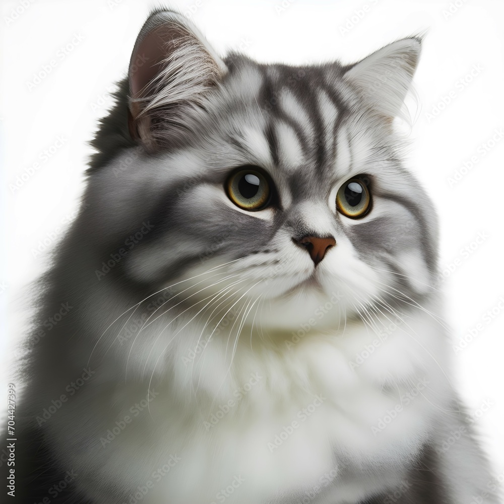 Captivating studio shots featuring a charming gray and white striped cat posed elegantly against a pristine white backdrop, perfect for diverse creative projects. 