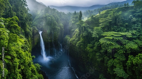 Panoramic beautiful deep forest waterfall 