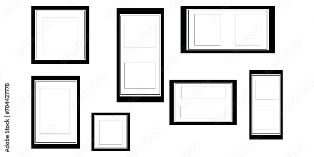 Black photo frame, Gallery wall and Poster empty Mockup vector illustration on transparent background. Black photo frame, Gallery wall and Poster empty Mockup vector illustration on transparent background.