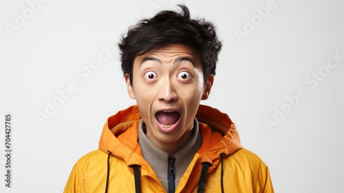 A Wow and surprised face Asian man in white t-shirt with hand point on empty space on a white isolated transparent background. photo