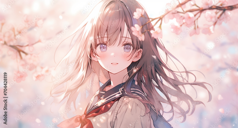 満開の桜と女子生徒卒業・入学シーズンイメージ 満開の桜と女子生徒卒業・入学シーズンイメージ