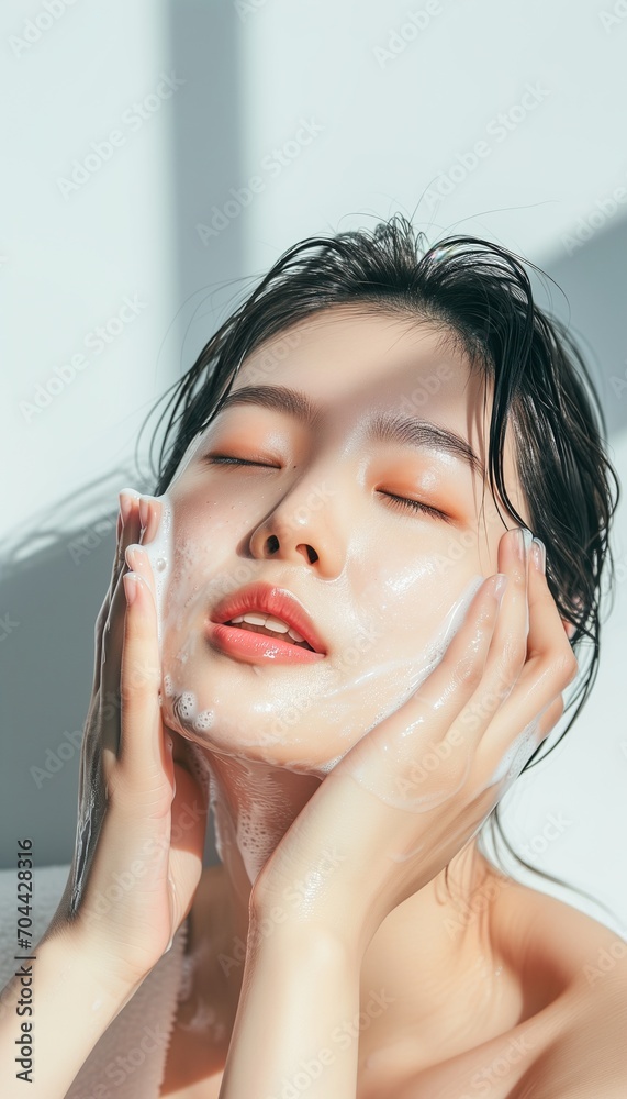 Naklejka premium Asian woman washing her perfect porcelain skin face in the morning with both hands