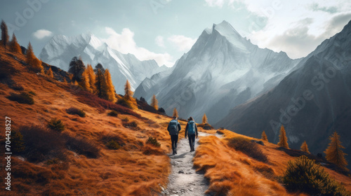 Two hikers with backpacks trekking on a mountain path surrounded by golden autumn foliage, with majestic mountains in the distance. photo
