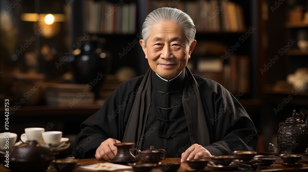 Portrait of a venerable Asian man in traditional clothing Portrait of a venerable Asian man in traditional clothing