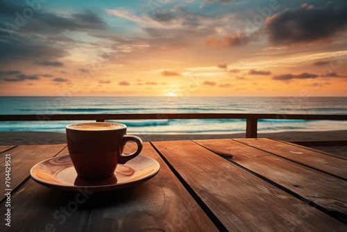 Coffee cup on wood table at sunset or sunrise beach 