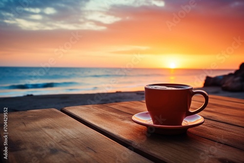 Coffee cup on wood table at sunset or sunrise beach 