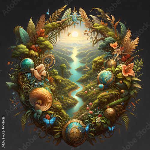 fractal background with golden ornament  3D image of a magical forest with a river and fantasy plants and insects Generative AI