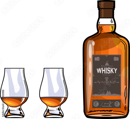 Vektor Whisky Flasche mit Vintage Label und Tasting Gläsern