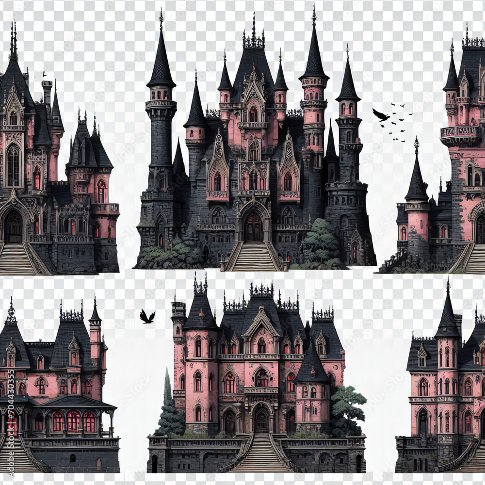 city castle vector, A captivating set of dark, gothic-style castles, each exuding an air of mystery and enchantment, perfect for fantasy and horror themes,Generative AI