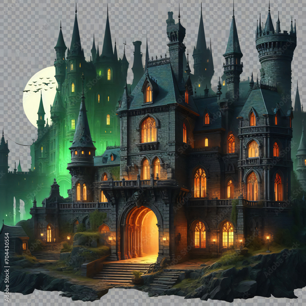 A dark, gothic castle lit by green lights. The castle has many towers and spires with exquisite detailing. The main entrance of the castle is grand, with a large arched door.Generative AI - obrazy, fototapety, plakaty 