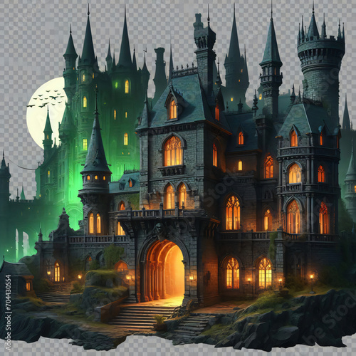 A dark, gothic castle lit by green lights. The castle has many towers and spires with exquisite detailing. The main entrance of the castle is grand, with a large arched door.Generative AI