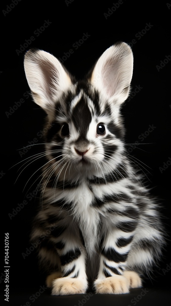 Fototapeta premium Unique Perspective of a Black and White Striped Bunny Sitting in Black Background
