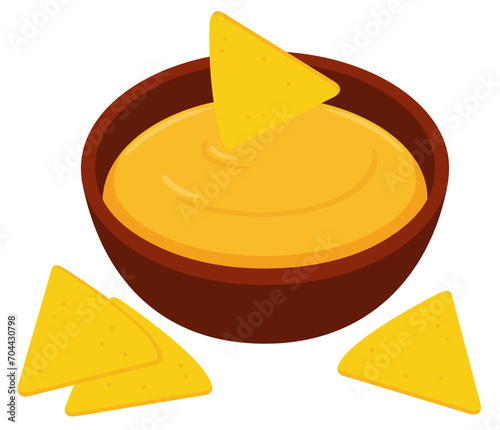 Mexican nacho corn chips with cheese dipping sauce, cartoon drawing. Isolated vector clip art illustration.