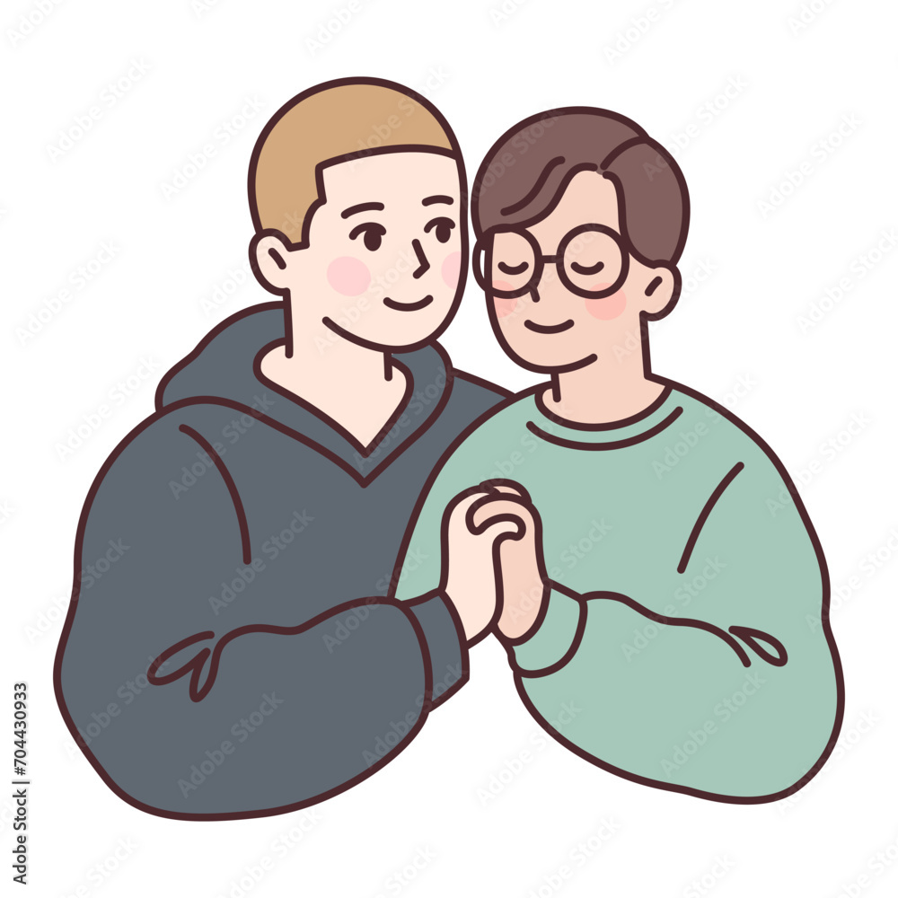 Cute young gay couple in love, two boys holding hands. Simple cartoon drawing, vector illustration.