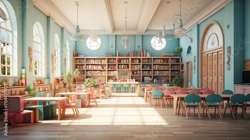 A brightly lit classroom with bookshelves, tables, and chairs