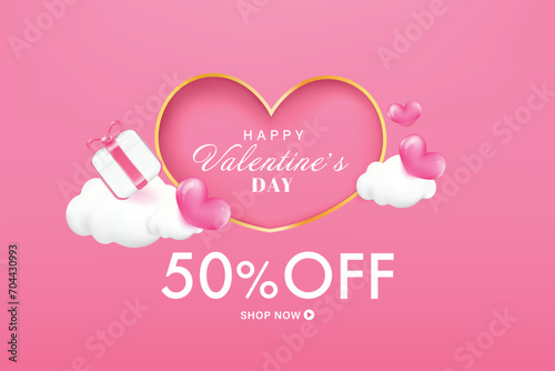 3d gift box and heart frame paper cut on pink background. Valentine s day greeting promotion sale discount offer.