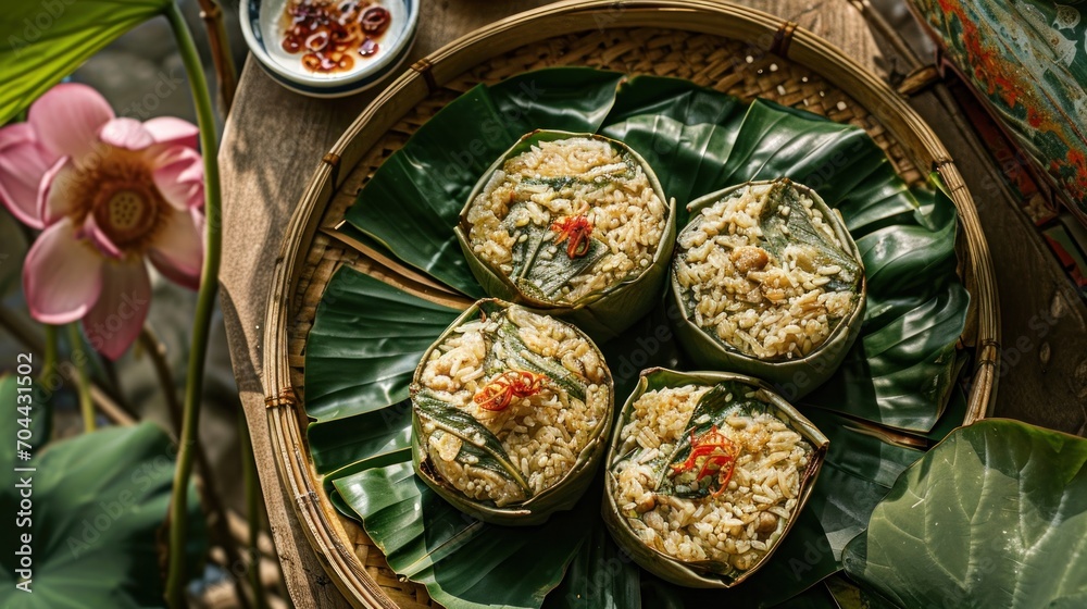 Lotus seed fried rice wrapped in lotus leaves, Vietnamese food