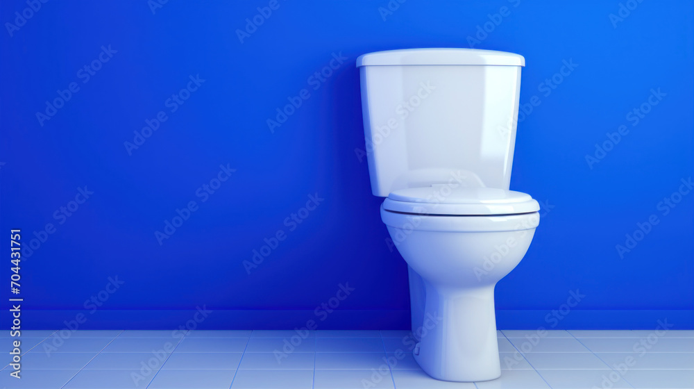 A modern white toilet stands out in contrast against a bright blue wall in a clean and minimalist bathroom setting. A modern white toilet stands out in contrast against a bright blue wall in a clean and minimalist bathroom setting.